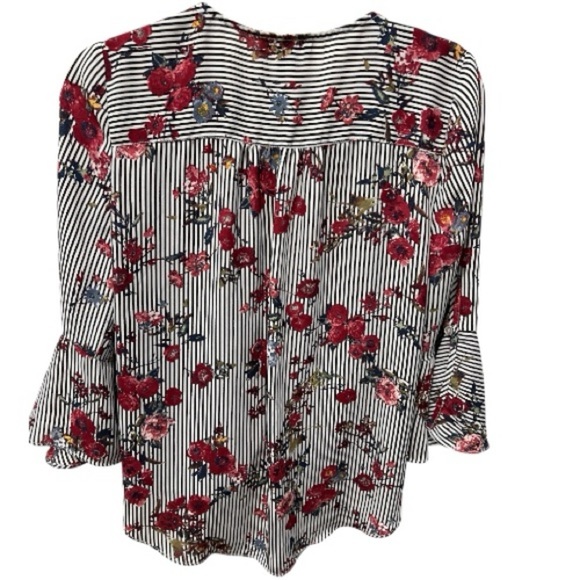 BCX Floral Stripe Wrap Front Bell Sleeve Blouse Women’s Large - Picture 3 of 9